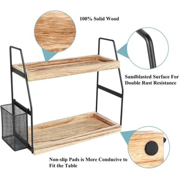 Bathroom Counter Organizer, 2-Tier Standing Storage Shelf with Basket, Wood - Picture 7 of 8
